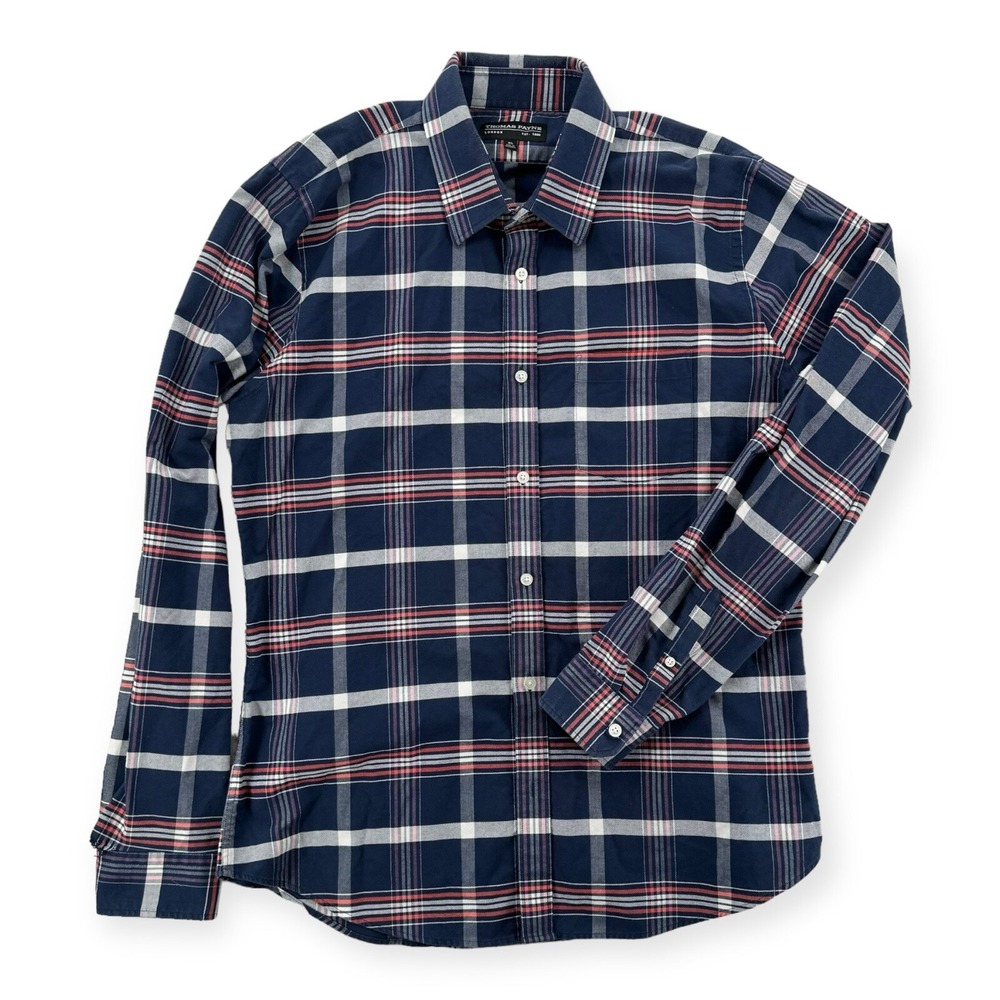 Thomas Payne Shirt Mens XL Button Up Blue Plaid Collared Long Sleeve Extra Large